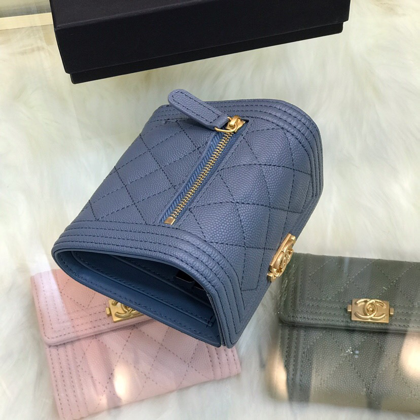 Ch**el Lebay Calfskin Leather Plain Folding Light Blue Wallets