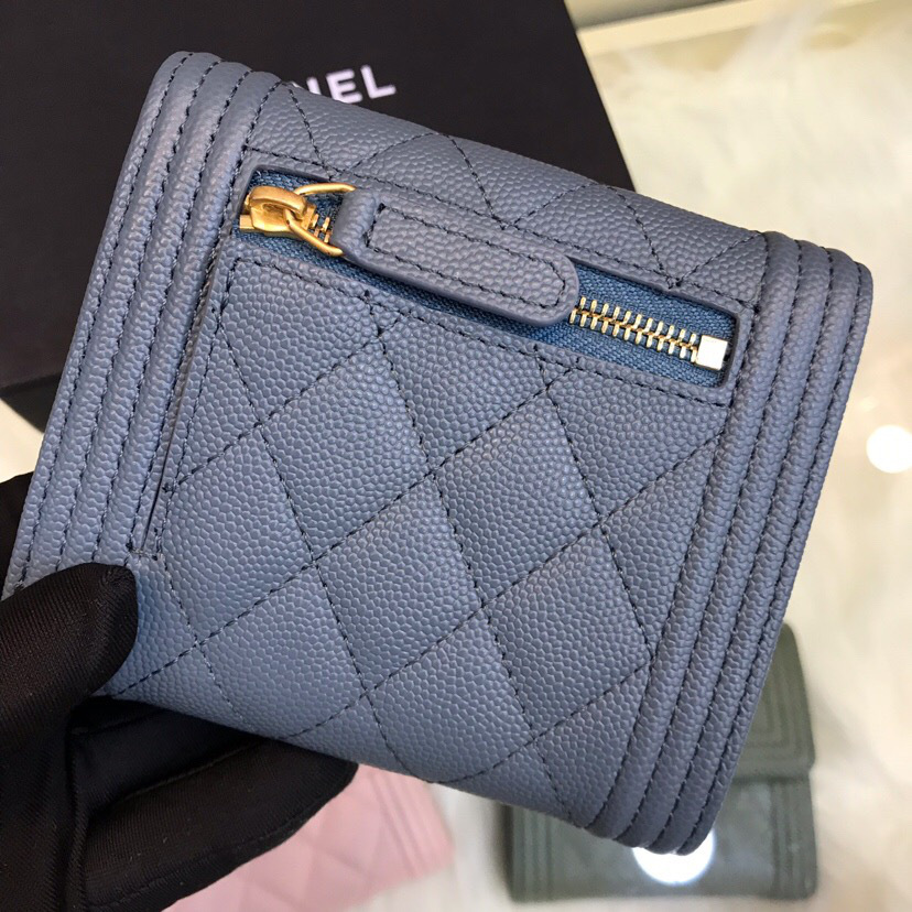 Ch**el Lebay Calfskin Leather Plain Folding Light Blue Wallets
