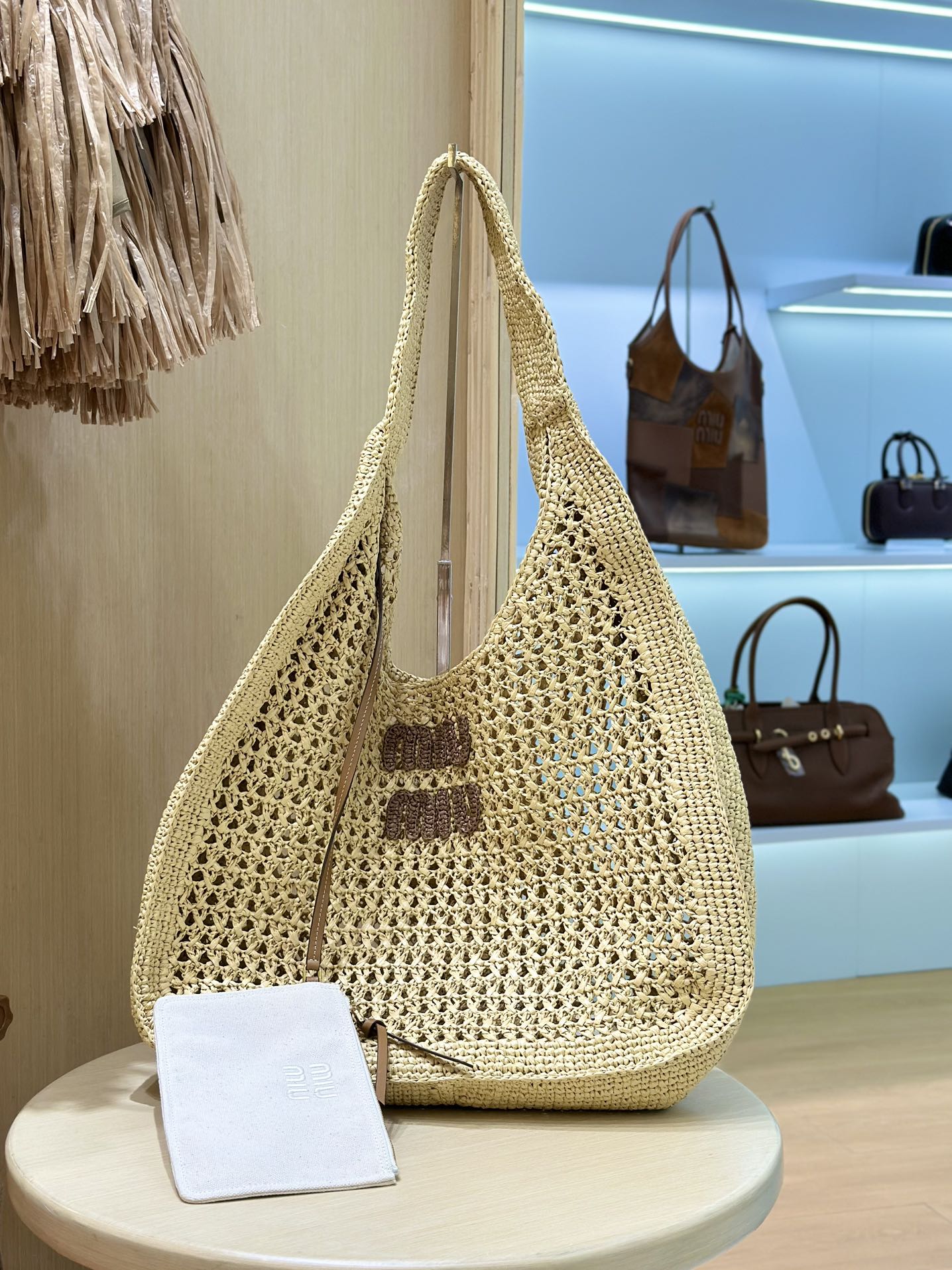 Bagsaaa Miu Miu Logo-Embroidered Cotton-Knit Tote Bag Beige - 44cm