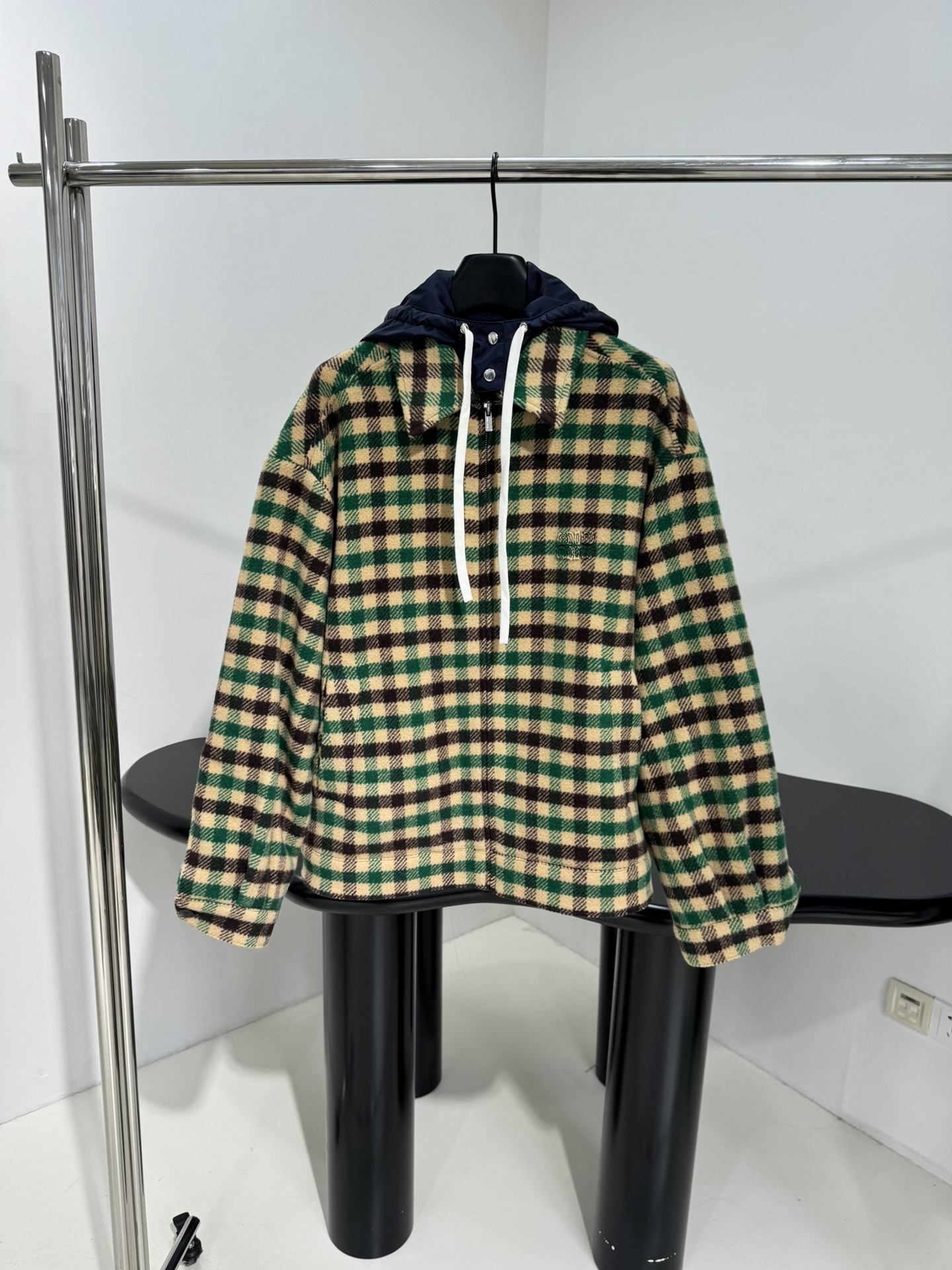 Bagsaaa Miu Miu gingham check and technical fabric jacket