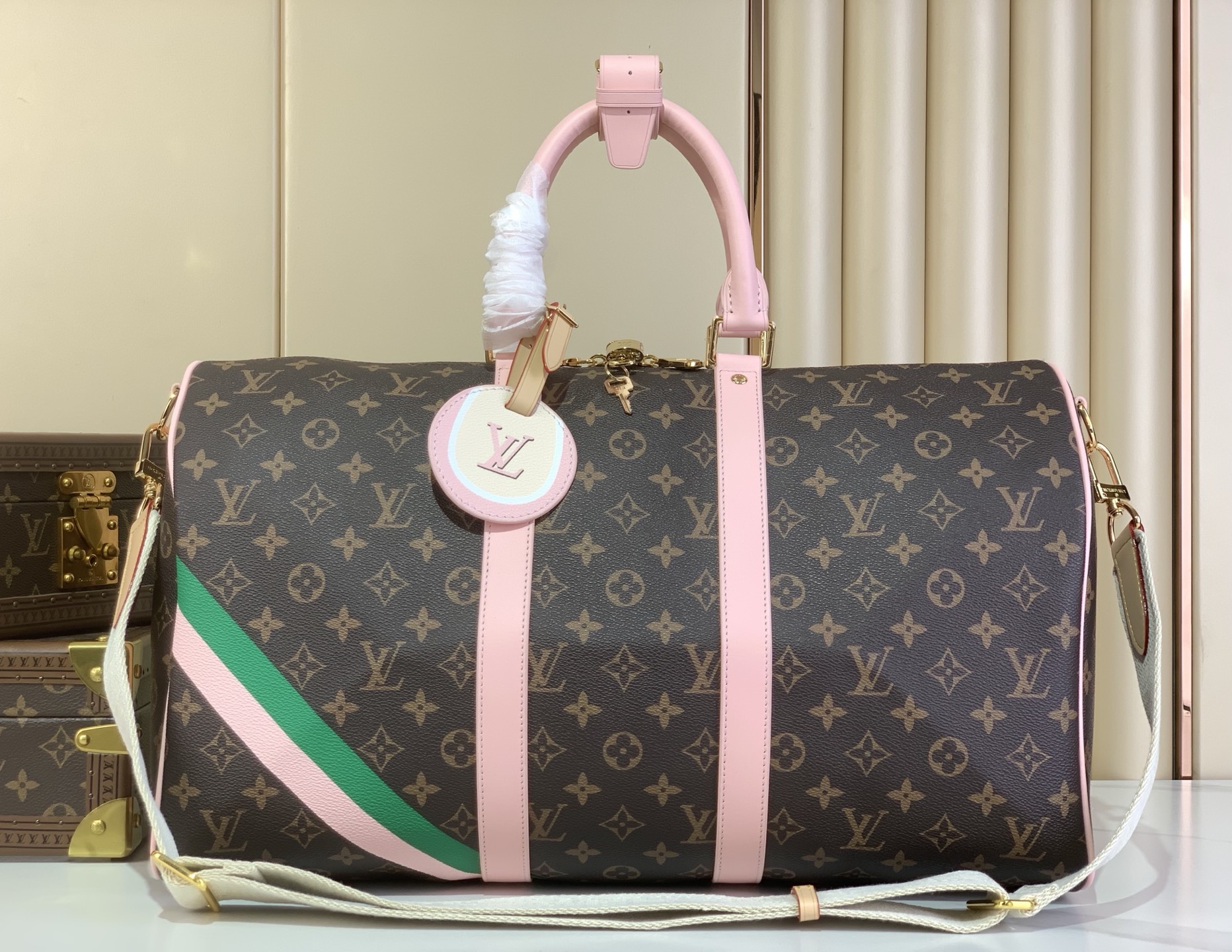 Bagsaaa LV Keepall Bandoulière 45 bag Monogram canvas with pink-and-green stripes - 45cm