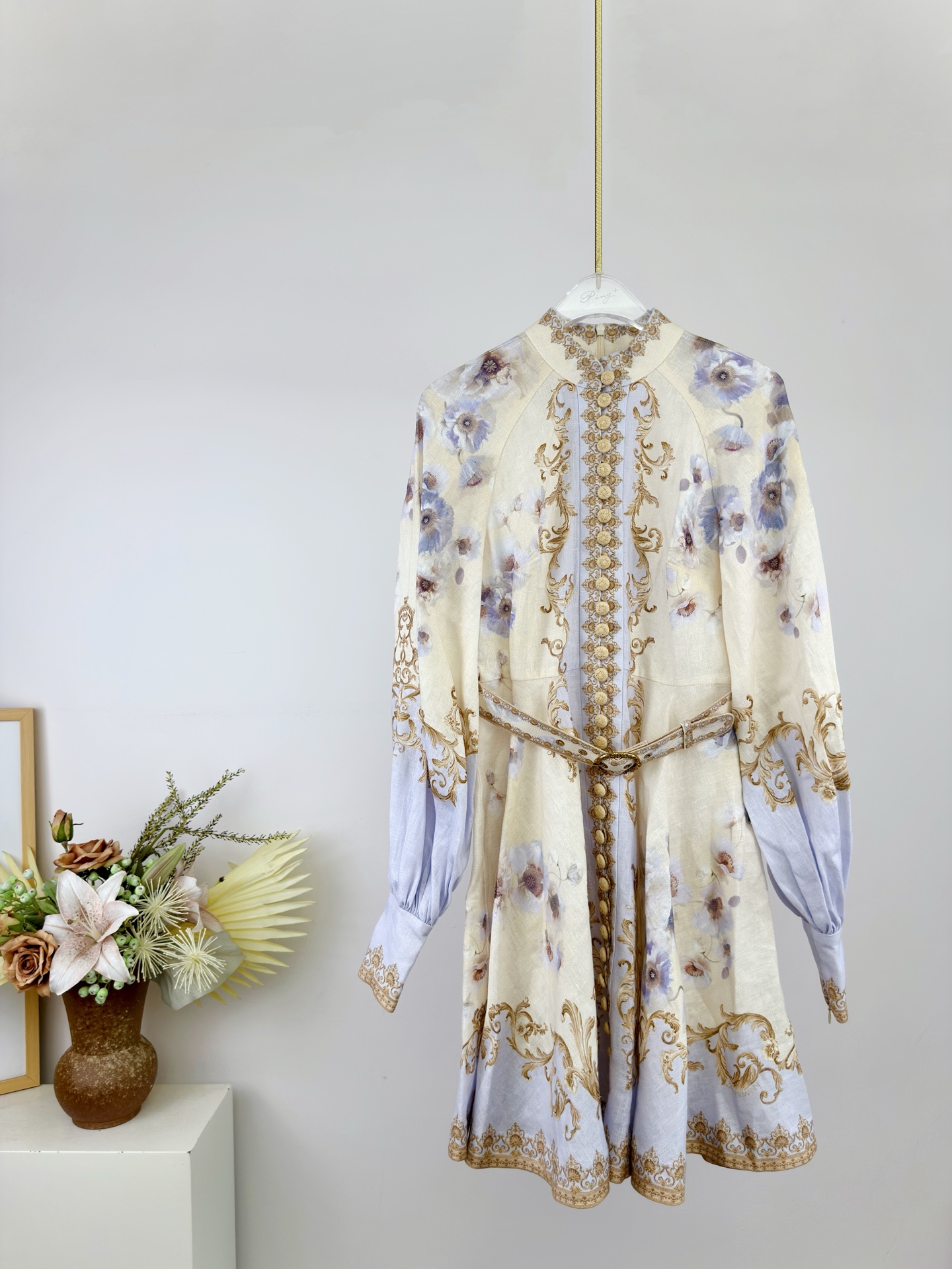 Bagsaaa Zimmermann Hypnotic Buttoned Mini Dress in linen with a blue floral print