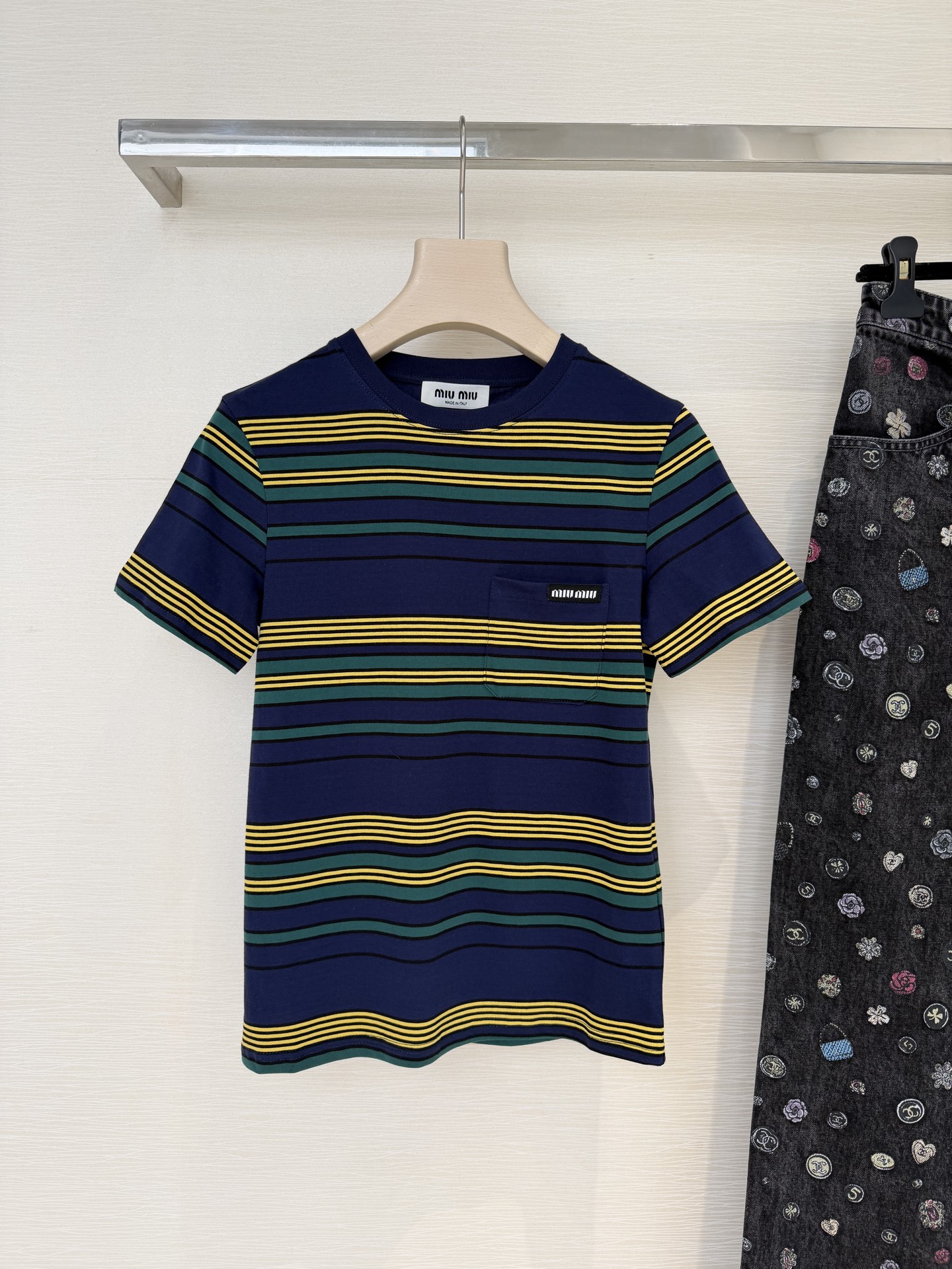 Bagsaaa Miu Miu Striped Cotton Jersey T-shirt in a navy