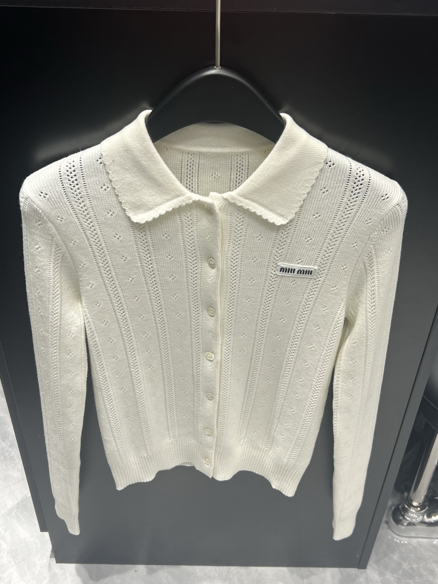 Bagsaaa Miu Miu openwork knit cashmere cardigan in white