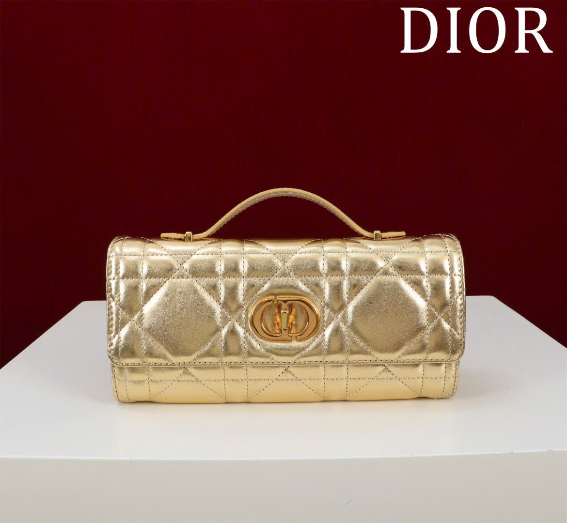 Bagsaaa Miss Caro Top Handle Pouch Metallic Pale Gold-Tone Macrocannage Calfskin - 24cm